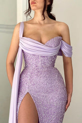 Elegant Lilac Long Glitter Off-the-shoulder Mermaid Evening Dresses With Slit